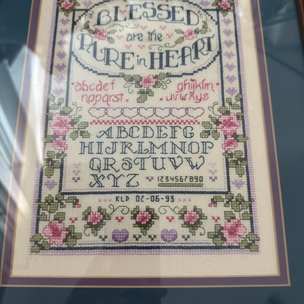 Vintage Framed Cross Stitch Sampler Blessed Are The Pure In Heart Alphabet Art - Picture 7 of 8